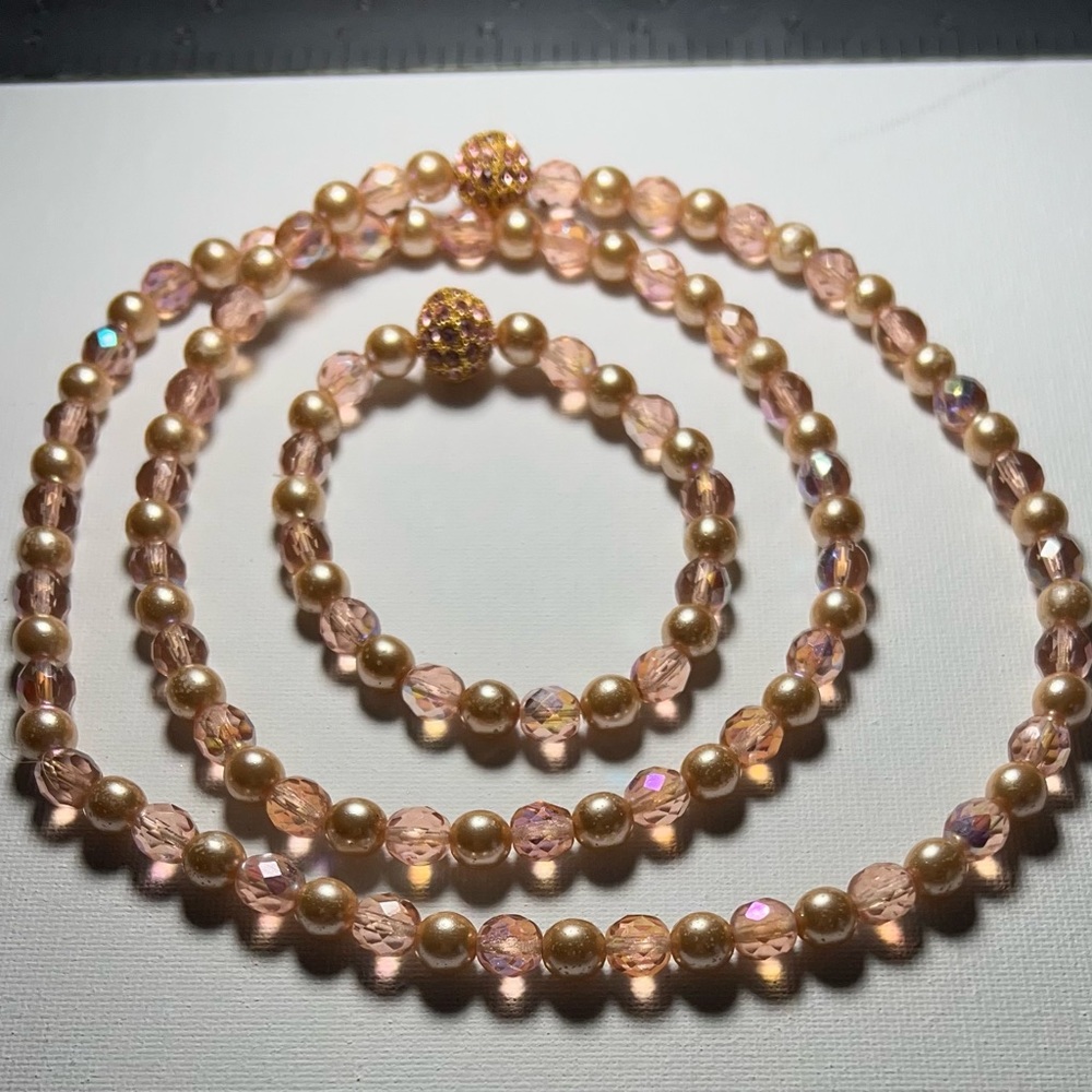 Joan Rivers Peachy Prim Pave Glass Crystal Pearl 30” Necklace Bracelet Set J14